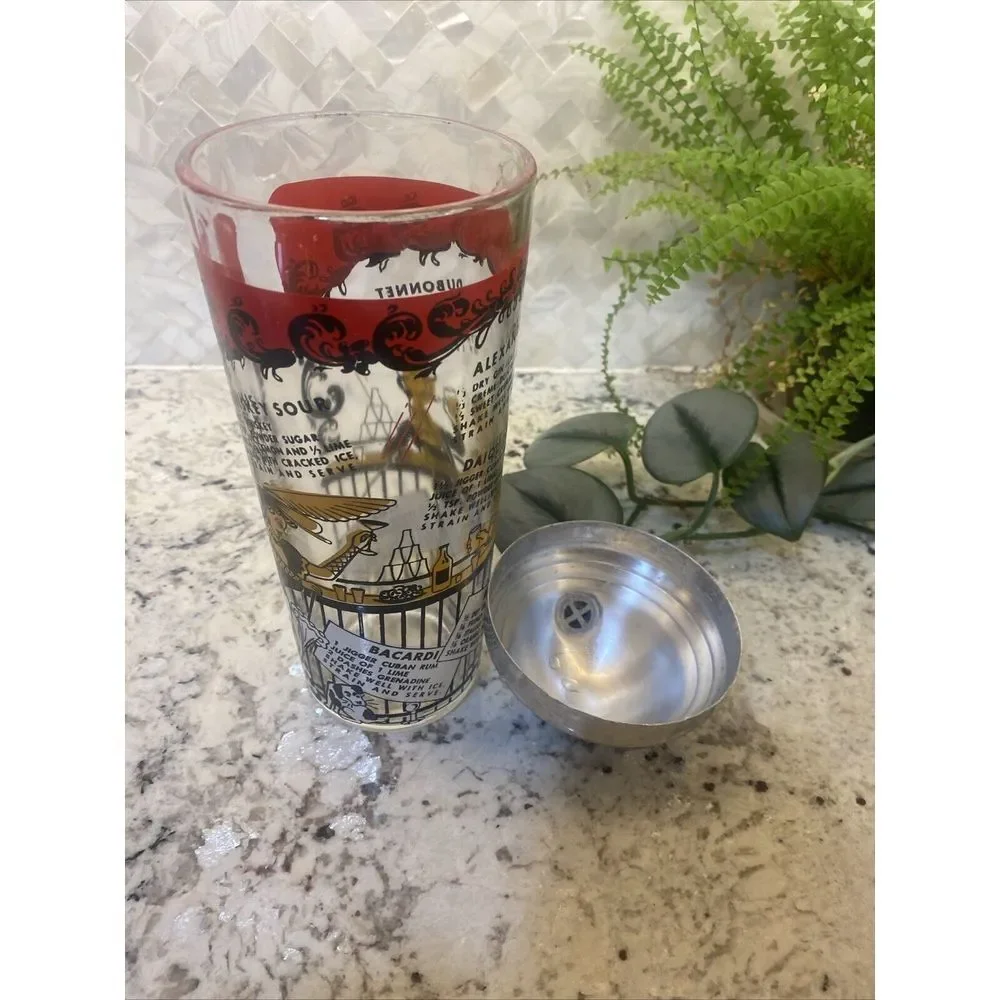 Vintage MCM Bartender‎ Bar Cocktail Shaker with Recipes Clear Glass speakeasy